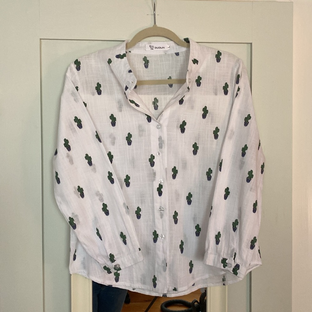 Cotton blouse with potted cactus print